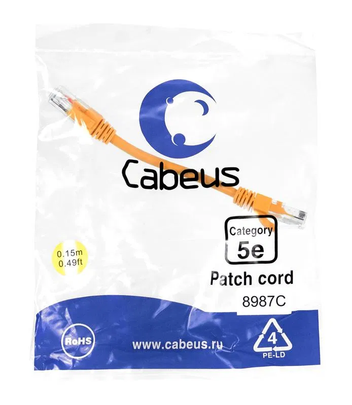 Патч-корд U/UTP кат.5E PC-UTP-RJ45-Cat.5e-0.15m-OR 2xRJ45/8p8c неэкранир. PVC 0.15м оранж. Cabeus 8987c