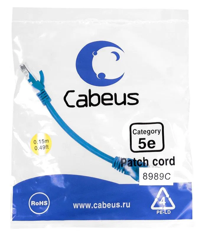 Патч-корд U/UTP кат.5E PC-UTP-RJ45-Cat.5e-0.15m-BL 2xRJ45/8p8c неэкранир. PVC 0.15м син. Cabeus 8989c