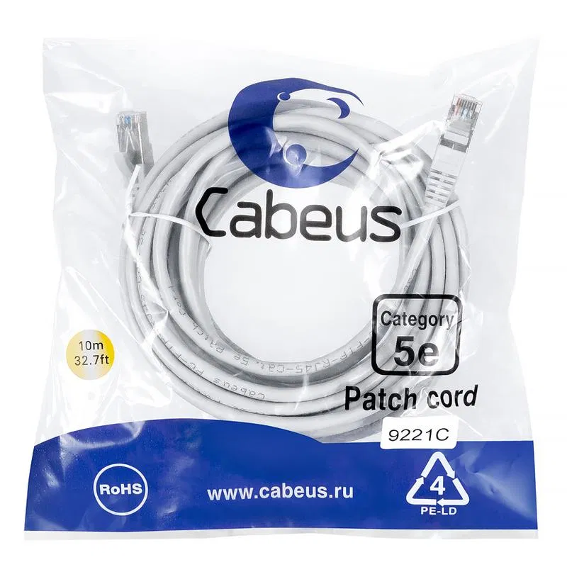 Патч-корд F/UTP кат.5E PC-FTP-RJ45-Cat.5e-10m-LSZH 2xRJ45/8p8c экранир. LSZH 10м сер. Cabeus 9245c