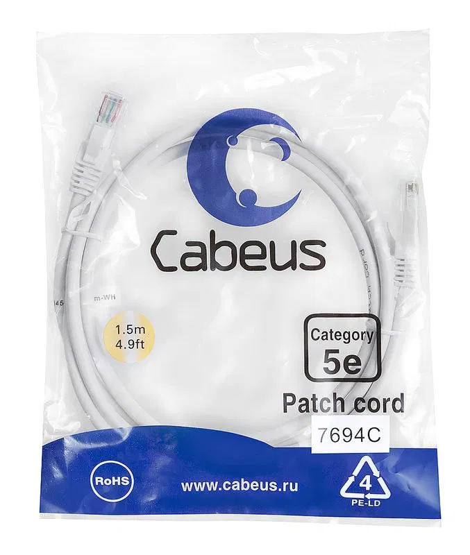 Патч-корд U/UTP кат.5E PC-UTP-RJ45-Cat.5e-1.5m-WH-LSZH 2xRJ45/8p8c неэкранир. LSZH 1.5м бел. Cabeus 9490c