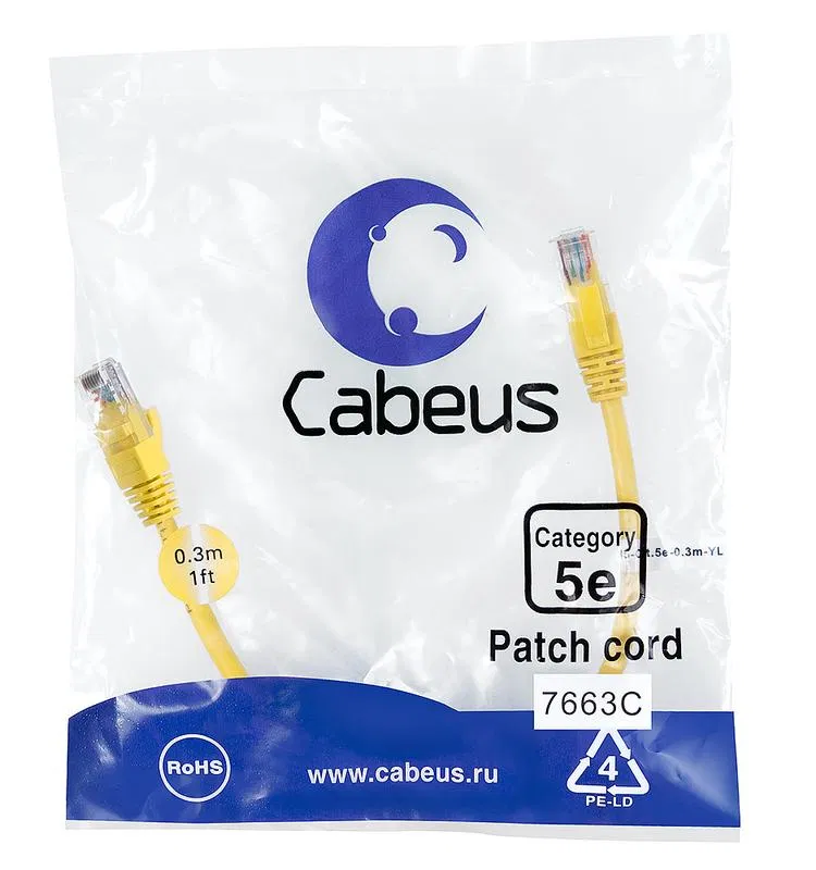 Патч-корд U/UTP кат.5E PC-UTP-RJ45-Cat.5e-0.3m-YL-LSZH 2хRJ45/8p8c неэкранир. LSZH 0.3м желт. Cabeus 9495c