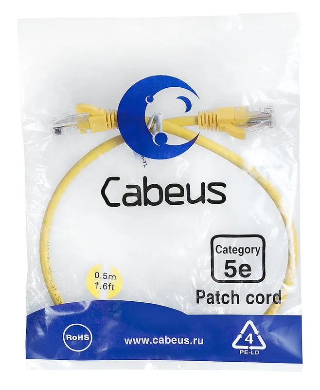 Патч-корд U/UTP кат.5E PC-UTP-RJ45-Cat.5e-0.5m-YL-LSZH 2xRJ45/8p8c неэкранир. LSZH 0.5м желт. Cabeus 9496c