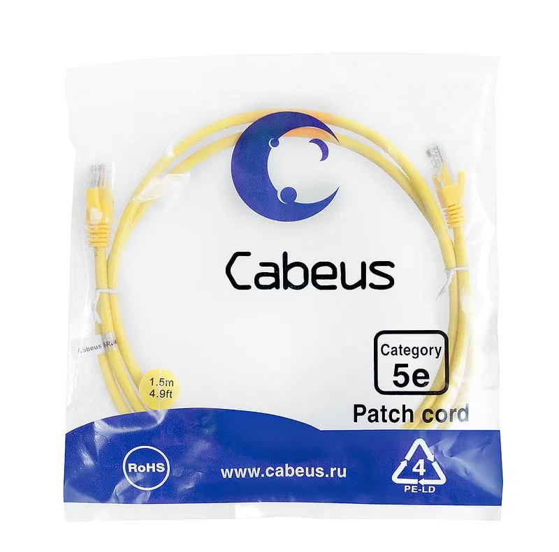 Патч-корд U/UTP кат.5E PC-UTP-RJ45-Cat.5e-1.5m-YL-LSZH 2xRJ45/8p8c неэкранир. LSZH 1.5м желт. Cabeus 9498c