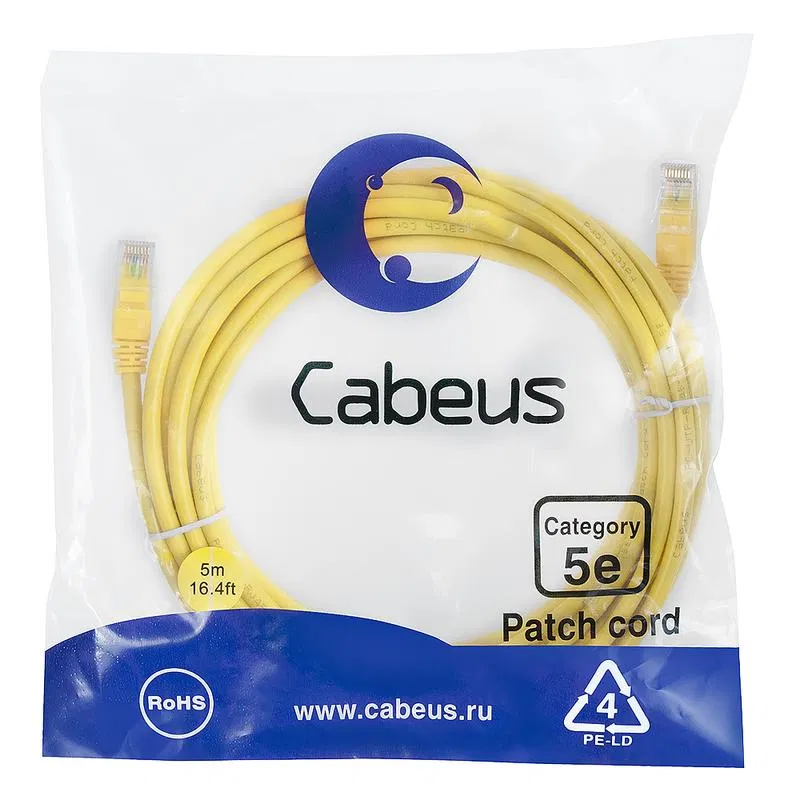 Патч-корд U/UTP кат.5E PC-UTP-RJ45-Cat.5e-5m-YL-LSZH 2xRJ45/8p8c неэкранир. LSZH 5м желт. Cabeus 9501c