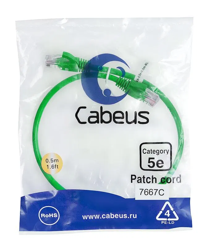 Патч-корд U/UTP кат.5E PC-UTP-RJ45-Cat.5e-0.5m-GN-LSZH 2xRJ45/8p8c неэкранир. LSZH 0.5м зел. Cabeus 9504c