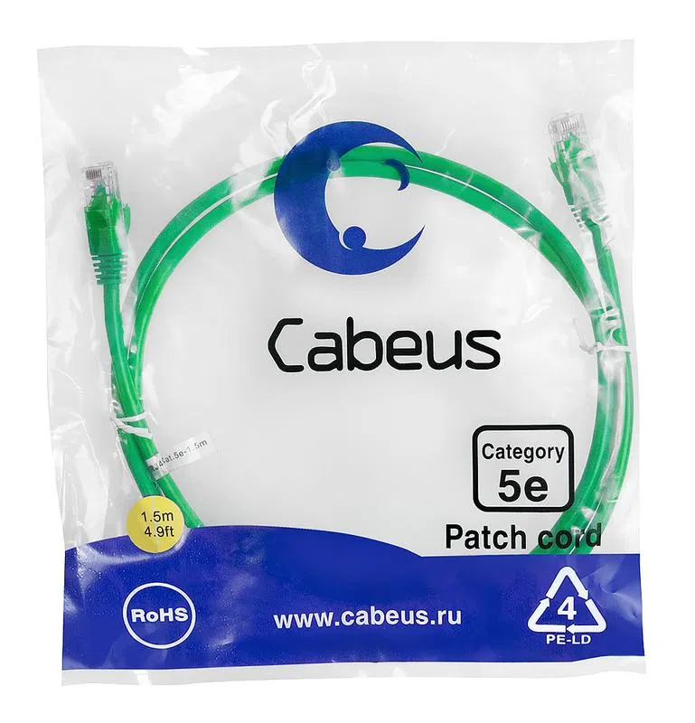 Патч-корд U/UTP кат.5E PC-UTP-RJ45-Cat.5e-1.5m-GN-LSZH 2xRJ45/8p8c неэкранир. LSZH 1.5м зел. Cabeus 9506c