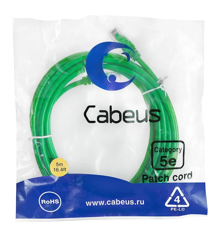 Патч-корд U/UTP кат.5E PC-UTP-RJ45-Cat.5e-5m-GN-LSZH 2xRJ45/8p8c неэкранир. LSZH 5м зел. Cabeus 9509c