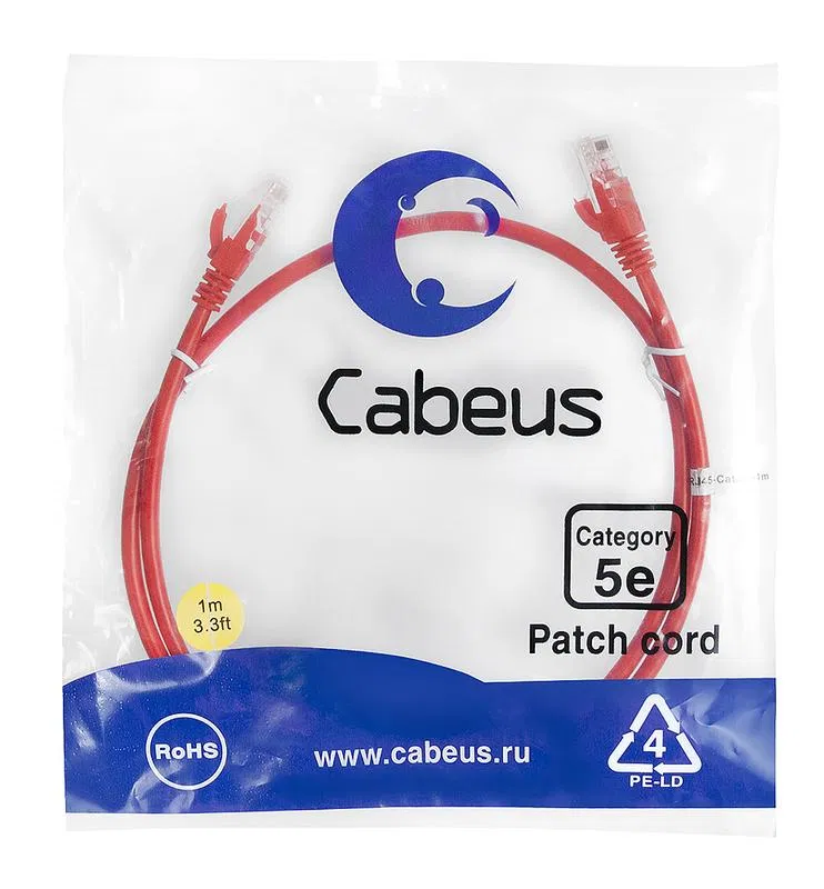 Патч-корд U/UTP кат.5E PC-UTP-RJ45-Cat.5e-1m-RD-LSZH 2xRJ45/8p8c неэкранир. LSZH 1м красн. Cabeus 9513c