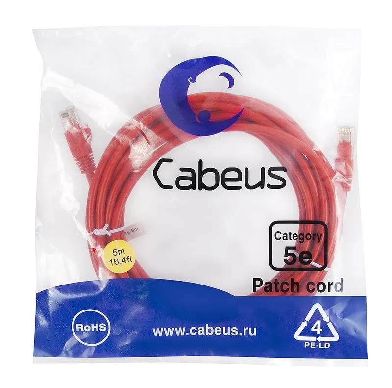 Патч-корд U/UTP кат.5E PC-UTP-RJ45-Cat.5e-5m-RD-LSZH 2xRJ45/8p8c неэкранир. LSZH 5м красн. Cabeus 9517c