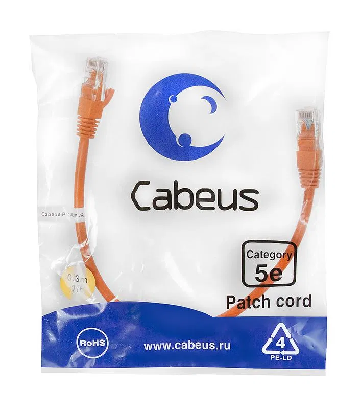 Патч-корд U/UTP кат.5E PC-UTP-RJ45-Cat.5e-0.3m-OR-LSZH 2xRJ45/8p8c неэкранир. LSZH 0.3м оранж. Cabeus 9519c