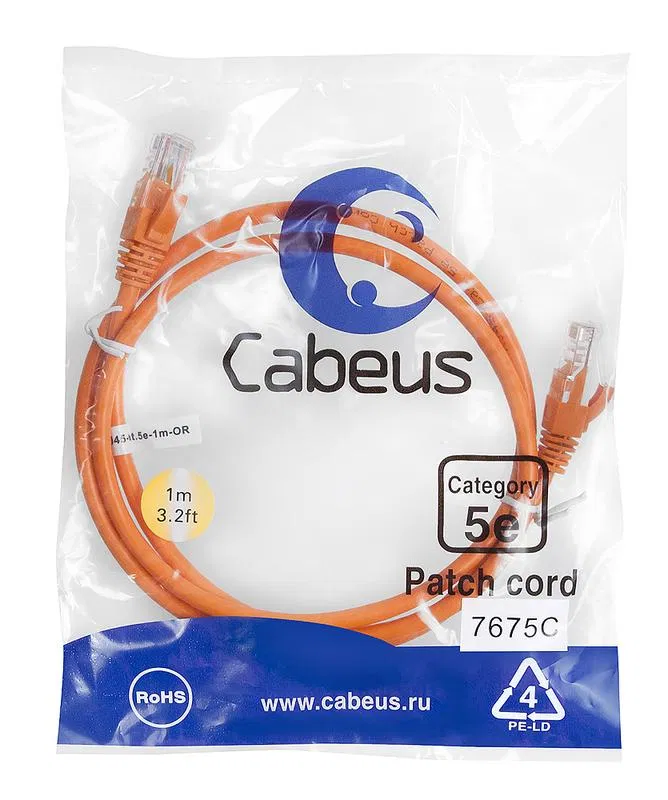 Патч-корд U/UTP кат.5E PC-UTP-RJ45-Cat.5e-1m-OR-LSZH 2xRJ45/8p8c неэкранир. LSZH 1м оранж. Cabeus 9521c