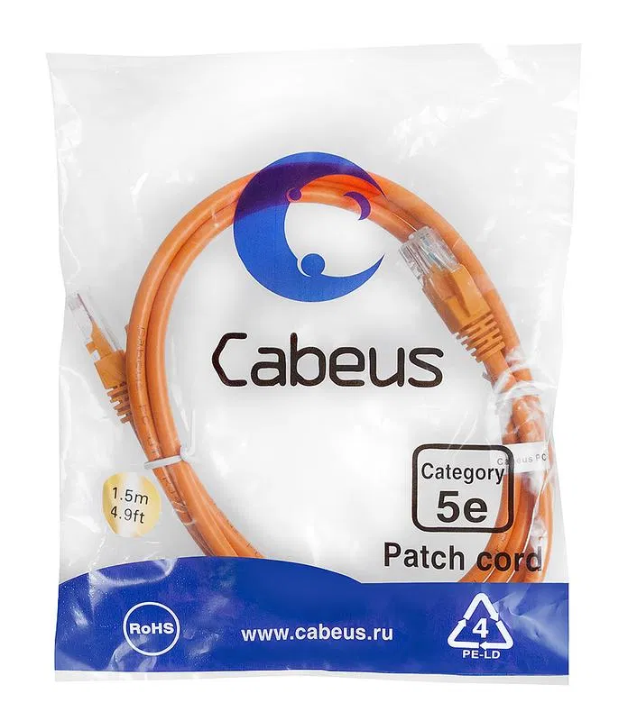 Патч-корд U/UTP кат.5E PC-UTP-RJ45-Cat.5e-1.5m-OR-LSZH 2xRJ45/8p8c неэкранир. LSZH 1.5м оранж. Cabeus 9522c