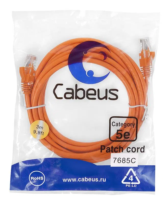 Патч-корд U/UTP кат.5E PC-UTP-RJ45-Cat.5e-3m-OR-LSZH 2хRJ45/8p8c неэкранир. LSZH 3м оранж. Cabeus 9524c