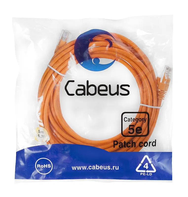 Патч-корд U/UTP кат.5E PC-UTP-RJ45-Cat.5e-5m-OR-LSZH 2xRJ45/8p8c неэкранир. LSZH 5м оранж. Cabeus 9525c
