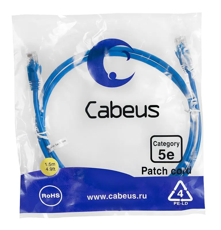 Патч-корд U/UTP кат.5E PC-UTP-RJ45-Cat.5e-1.5m-BL-LSZH 2xRJ45/8p8c неэкранир. LSZH 1.5м син. Cabeus 9530c