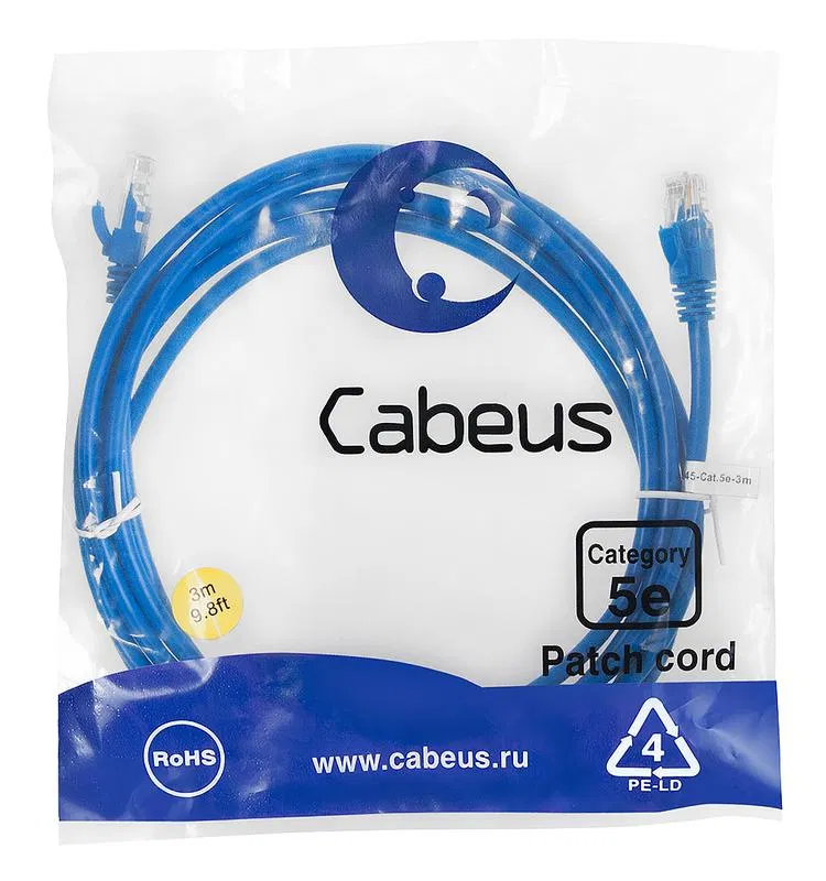Патч-корд U/UTP кат.5E PC-UTP-RJ45-Cat.5e-3m-BL-LSZH 2xRJ45/8p8c неэкранир. LSZH 3м син. Cabeus 9532c