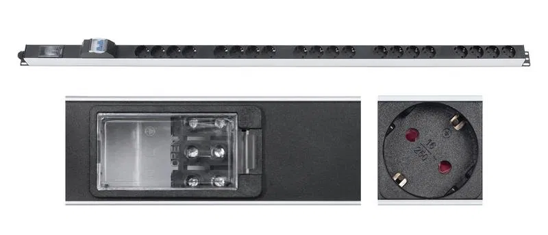 Блок розеток 20-м PDU-16-20S-B-T 16А вертикал. для 19дюйм шкафов Schuko автомат защиты клеммная колодка алюм. Cabeus 9548c
