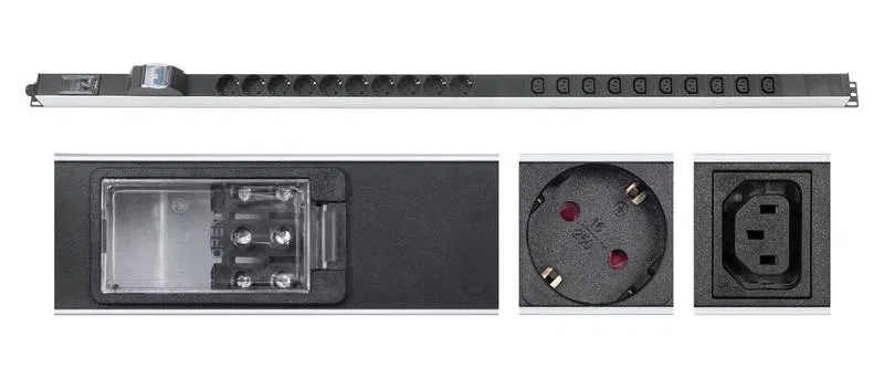 Блок розеток для 19дюйм шкафов PDU-16-10S-10C13-B-T вертик. 10 розеток Schuko 10 розеток IEC 320 C13 16А автомат защиты алюм. корпус клем. колодка 9550c Cabeus