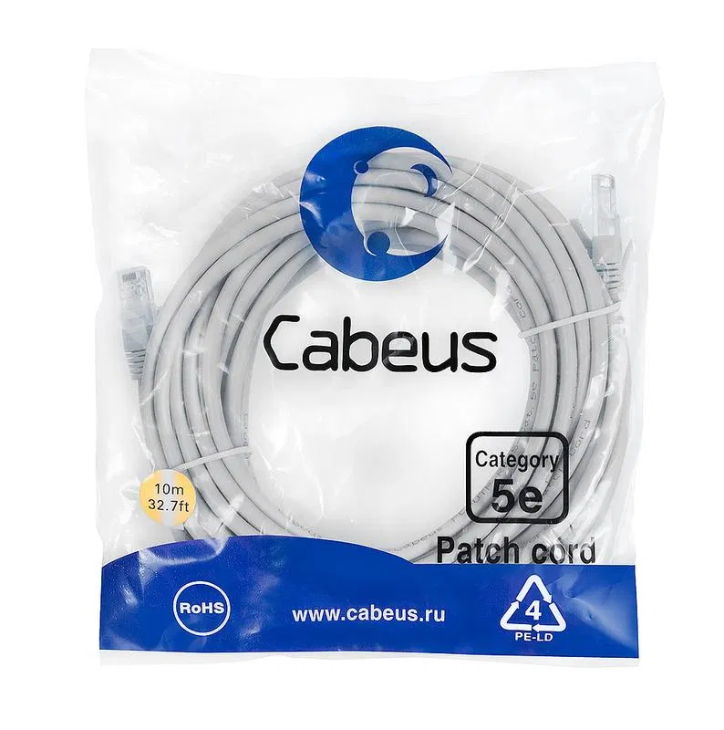 Патч-корд U/UTP кат.5E PC-UTP-RJ45-Cat.5e-10m-LSZH 2хRJ45/8p8c неэкранир. LSZH 10м сер. Cabeus 9591c