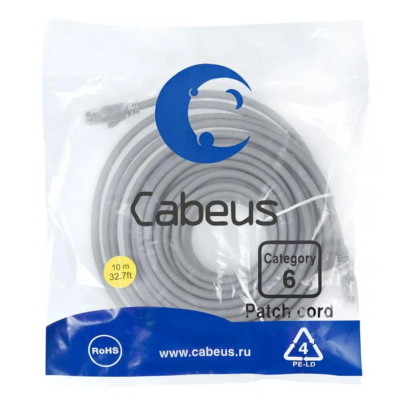 Патч-корд U/UTP кат.6 PC-UTP-RJ45-Cat.6-10m-LSZH 2xRJ45/8p8c неэкранир. LSZH 10м сер. Cabeus 9594c