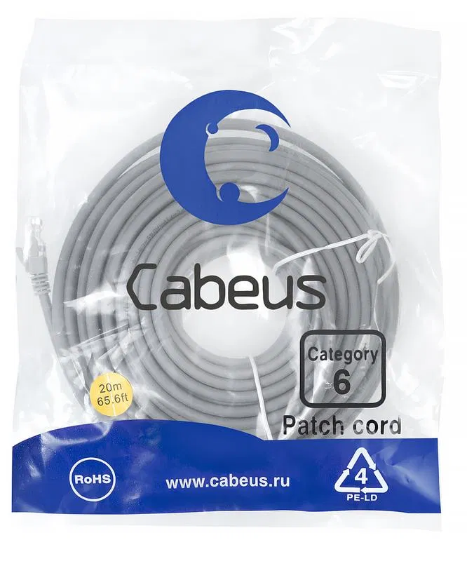 Патч-корд U/UTP кат.6 PC-UTP-RJ45-Cat.6-20m-LSZH 2xRJ45/8p8c неэкранир. LSZH 20м сер. Cabeus 9596c