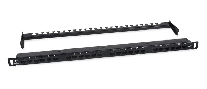 Патч-панель 19дюйм 0.5U 24 порта RJ45 кат.6 Dual IDC 180град. высокой плотности с задн. кабельн. организатором Cabeus 9664c