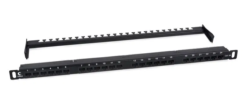 Патч-панель 19дюйм 0.5U 24 порта RJ45 кат.6A Dual IDC 180град. высокой плотности с задн. кабельн. организатором Cabeus 9665c