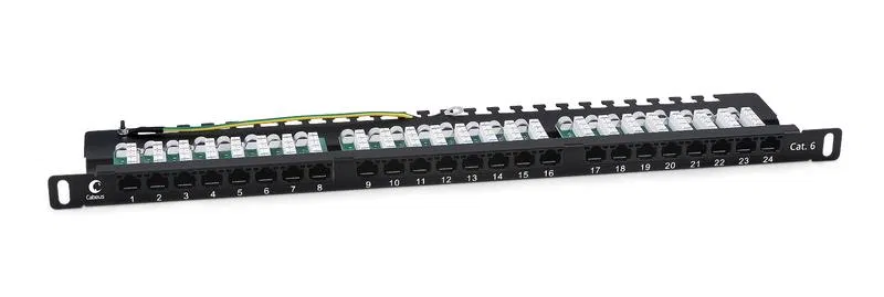 Патч-панель 19дюйм 0.5U 24 порта RJ45 кат.6 Dual IDC 90град. высокой плотности с задн. кабельн. организатором Cabeus 9667c