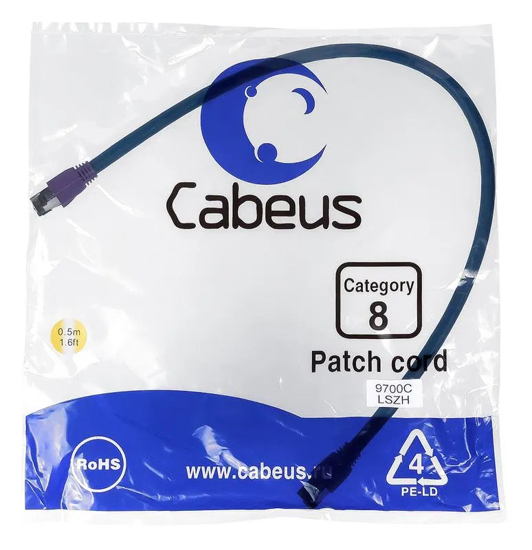 Патч-корд S/FTP кат.8 PC-SSTP-RJ45-Cat.8-0.5m-LSZH 2xRJ45/8p8c экранир. LSZH (40G 2000 MHz) 0.5м син. Cabeus 9700c