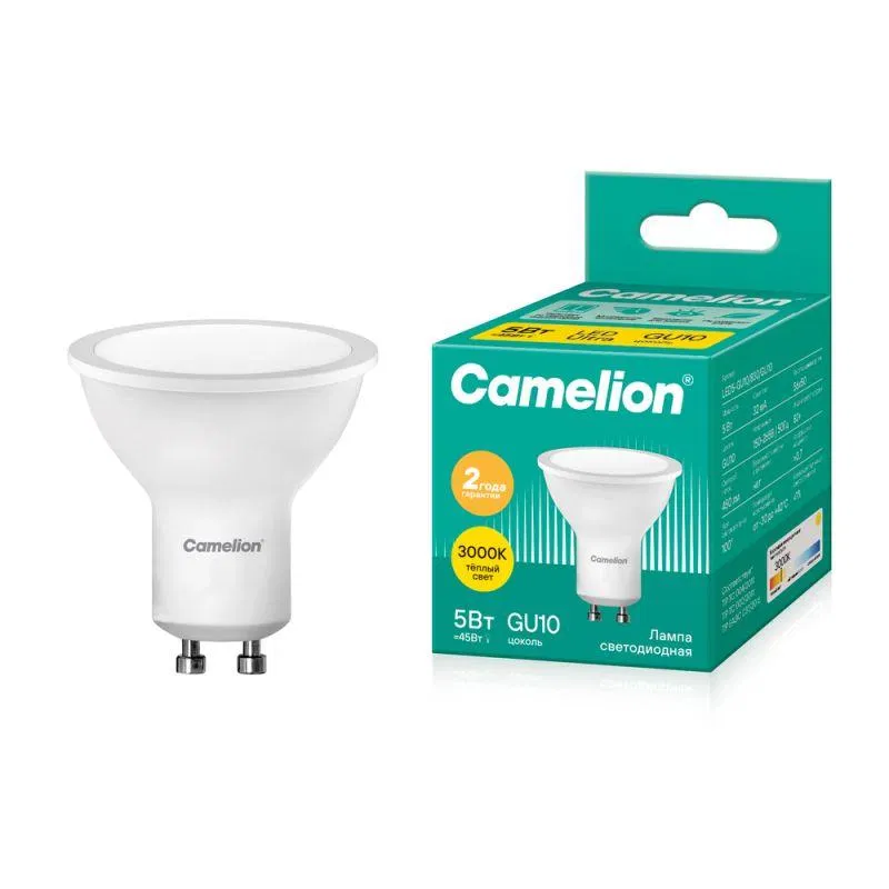 Лампа светодиодная LED5-GU10/830/GU10 5Вт рефлектор матовая 3000К тепл. бел. GU10 405лм 170-265В Camelion 10956