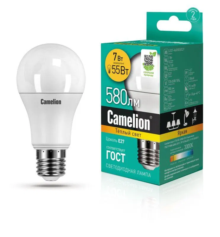 Лампа светодиодная LED7-A60/830/E27 7Вт грушевидная матовая 3000К тепл. бел. E27 580лм 170-265В Camelion 11253