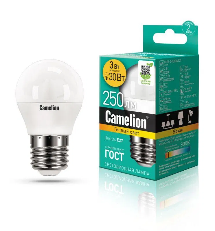 LED灯 LED3-G45/830/E27 3W 球形 3000K 暖白 E27 245lm 220-240V Camelion 11374
