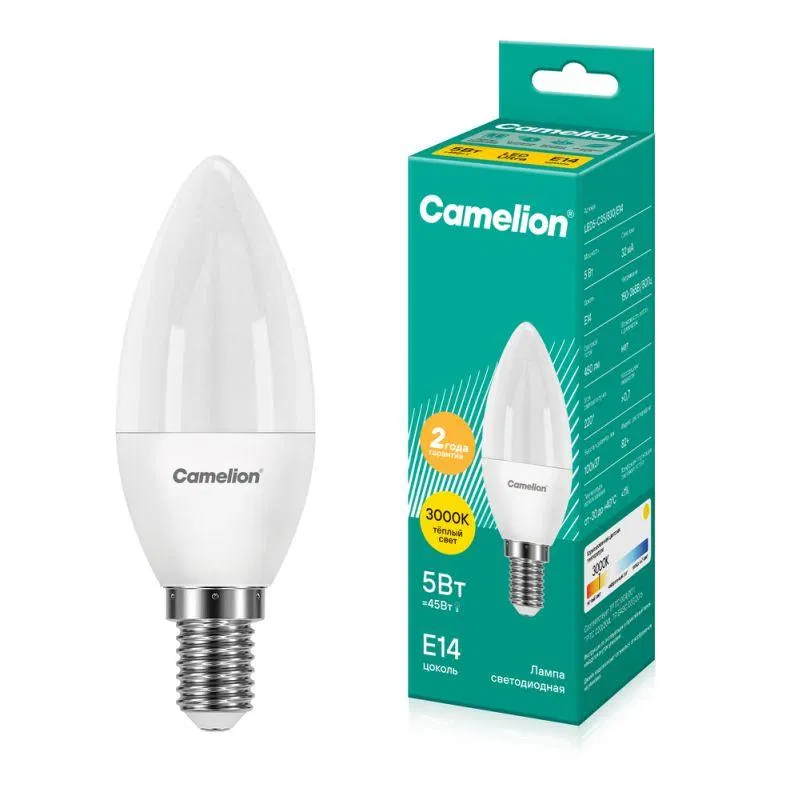 Лампа светодиодная LED5-C35/830/E14 5Вт свеча матовая 3000К тепл. бел. E14 410лм 170-265В Camelion 12031