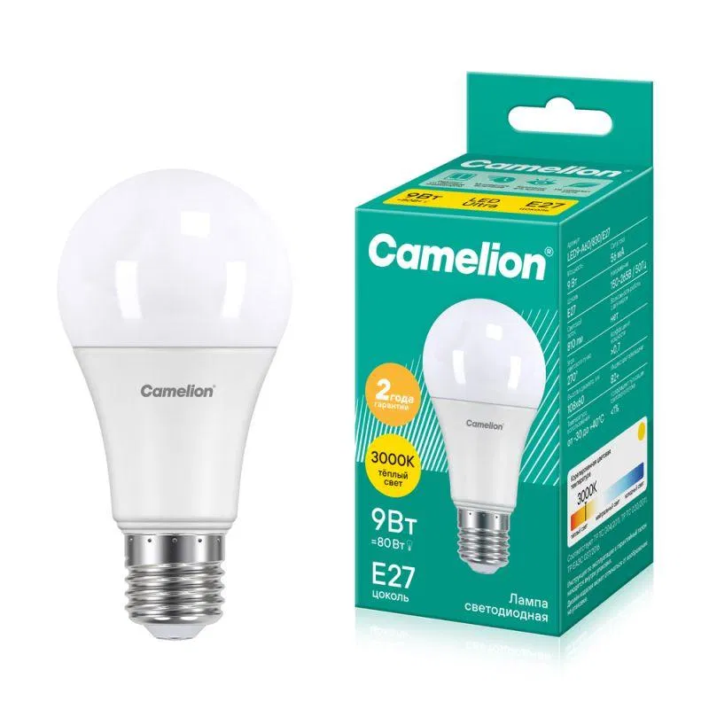 LED lamp LED9-A60/830/E27 9W pear-shaped matte 3000K warm white E27 745lm 170-265V Camelion 12043