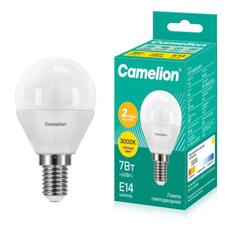 Лампа светодиодная LED7-G45/830/E14 7Вт шар матовая 3000К тепл. бел. E14 580лм 170-265В Camelion 12069