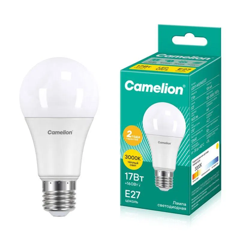 Лампа светодиодная LED17-A65/830/E27 17Вт грушевидная 3000К тепл. бел. E27 1470лм 170-265В Camelion 12308