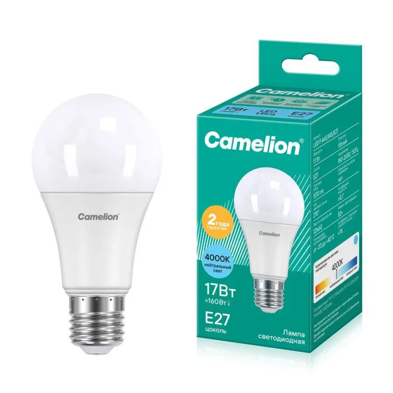 Лампа светодиодная LED17-А65/845/E27 17Вт грушевидная 4500К бел. E27 1530лм 170-265В Camelion 12309