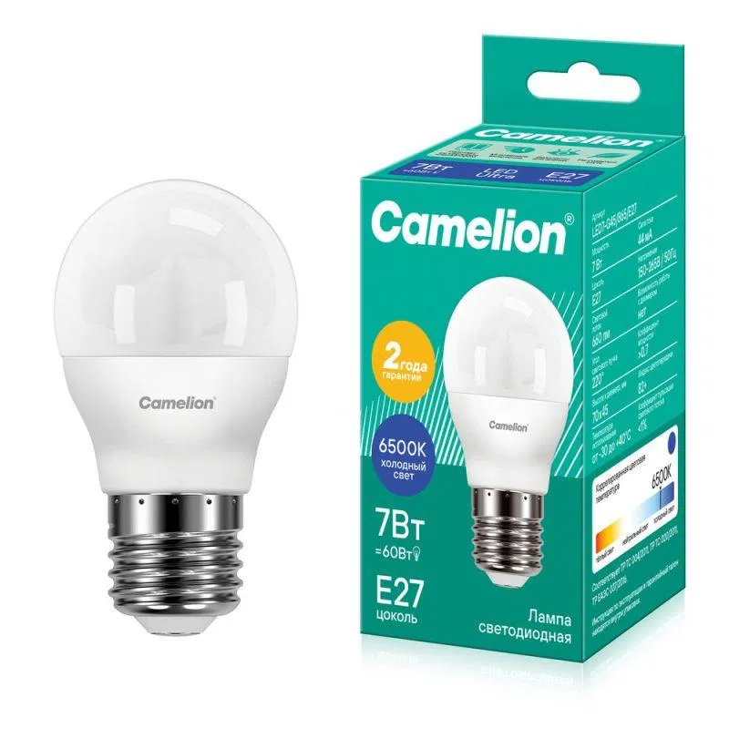 Лампа светодиодная LED7-G45/865/E27 7Вт шар матовая 6500К холод. бел. E27 150-265В Camelion 12647