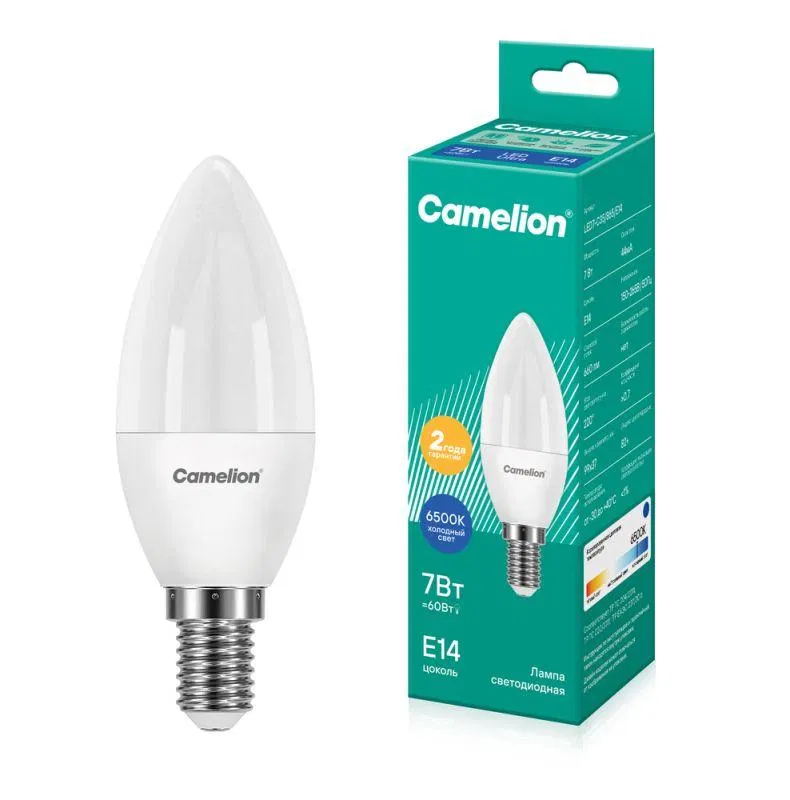 Лампа светодиодная LED7-C35/865/E14 7Вт свеча матовая 6500К холод. бел. E14 150-265В Camelion 12648