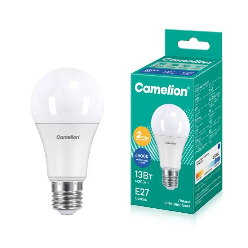 Лампа светодиодная LED13-A60/865/E27 13Вт грушевидная матовая 6500К холод. бел. E27 150-265В Camelion 12652