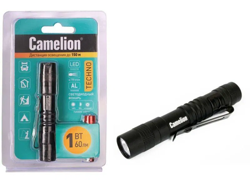 Фонарь LED51516 XPE 3 режима 1хLR03 (в компл.) алюм. черн. (открывающ. блист.) Camelion 12916