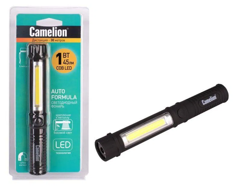 笔形手电筒 LED51521 COB LED + 1W LED 3хR03 磁铁 背夹 塑料 黑色 (闪亮) Camelion 13361