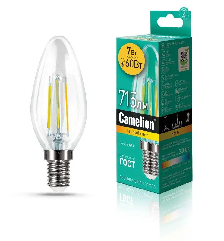 Лампа светодиодная филаментная LED7-C35-FL/830/E14 7Вт свеча прозрачная 3000К тепл. бел. E14 207-244В Camelion 13452