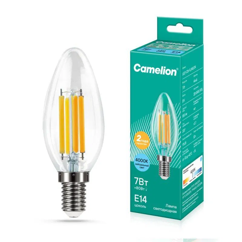 Лампа светодиодная филаментная LED7-C35-FL/845/E14 7Вт свеча прозрачная 4500К бел. E14 207-244В Camelion 13453