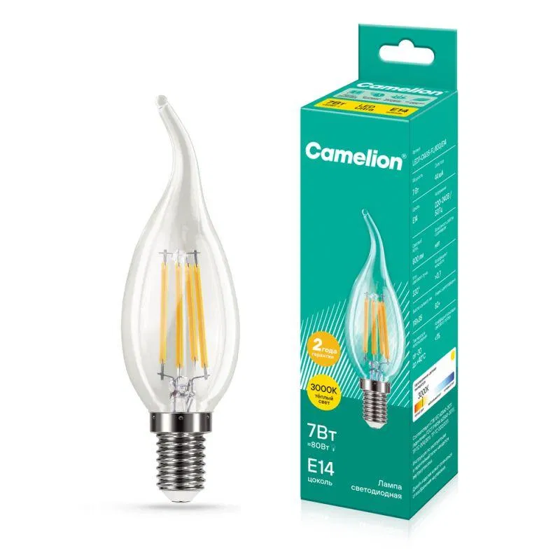 Лампа светодиодная филаментная LED7-CW35-FL/830/E14 7Вт свеча прозрачная 3000К тепл. бел. E14 220-240В Camelion 13454