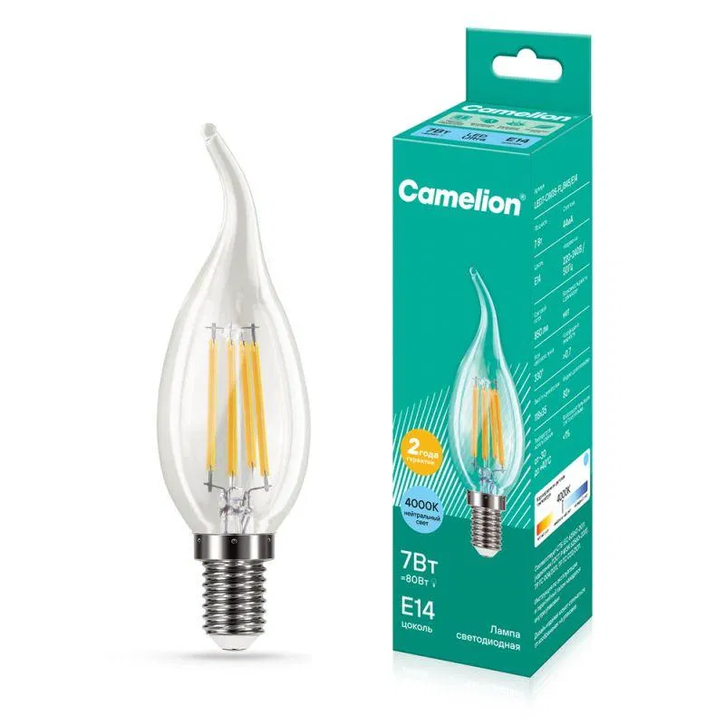 Лампа светодиодная филаментная LED7-CW35-FL/845/E14 7Вт свеча прозрачная 4500К бел. E14 220-240В Camelion 13455