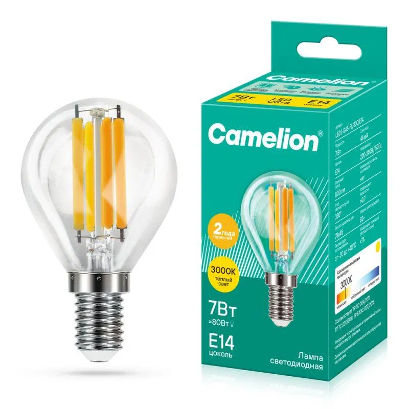 Лампа светодиодная филаментная LED7-G45-FL/830/E14 7Вт шар прозрачная 3000К тепл. бел. E14 220-240В Camelion 13456