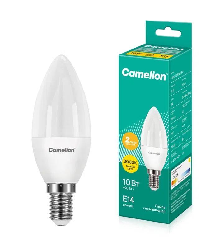Лампа светодиодная LED10-C35/830/E14 10Вт свеча матовая 3000К тепл. бел. E14 150-265В Camelion 13559