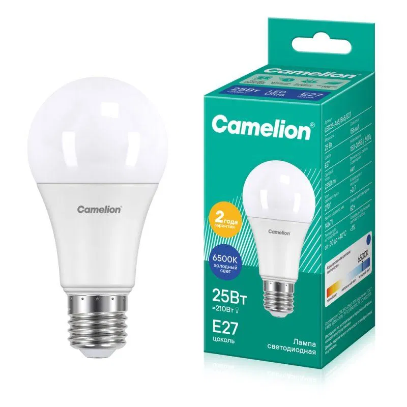 Лампа светодиодная LED25-A65/865/E27 25Вт грушевидная матовая 6500К холод. бел. E27 150-265В Camelion 13573