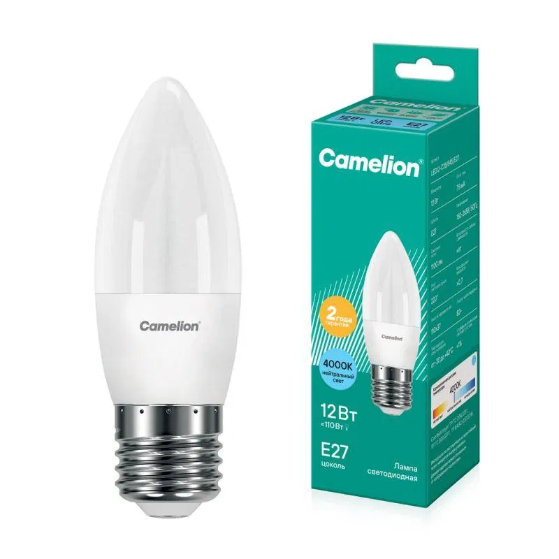 Лампа светодиодная LED12-C35/845/E27 12Вт свеча матовая 4500К бел. E27 150-265В Camelion 13690